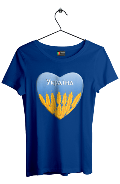 Футболка жіноча з принтом "Серце з колосками Україна". Воля, колоски, небо, перемога, прапор україни, пшениця, серце, символ україни, україна. 2070702