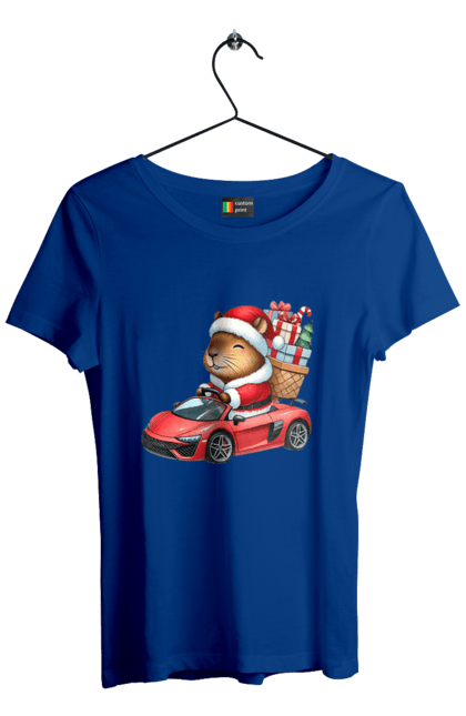 Women's t-shirt with prints Christmas Capybara with a Gift. Animal, capybara, car, christmas, christmas capybara, gift, holiday, new year, new year`s gift, santa. 2070702