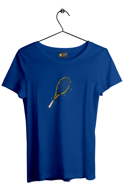 Футболка жіноча з принтом "Ракетка Великий теніс". Великий теніс, гравці, грунт, м`яч, призовий фонд, ракетка, спонсор, турнір на ґрунті, турнірна сітка. 2070702