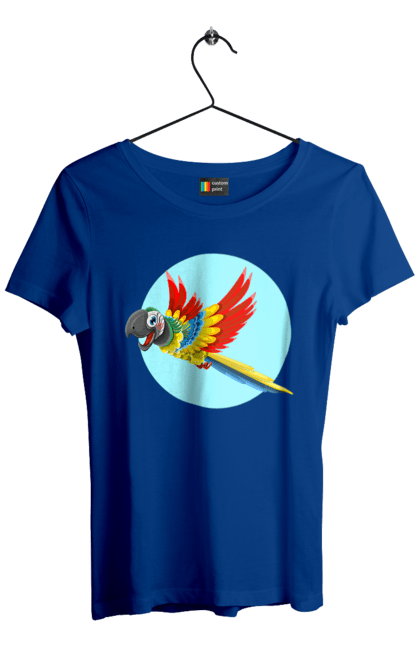 Футболка жіноча з принтом "Папуга". Барвистий папуга, какаду, кольоровий папуга, папуга, що летить. 2070702