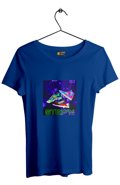 Футболка жіноча з принтом "Step`n". Віртуальні кросівки, крипта, криптовалюти, нфт, нфт кросівки, солана, степен. 2070702