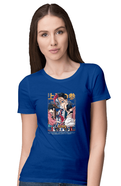 Women's t-shirt with prints Demon Slayer Akaza. Akaza, anime, demon slayer, kimetsu no yaiba, manga, nezuko, serial. 2070702