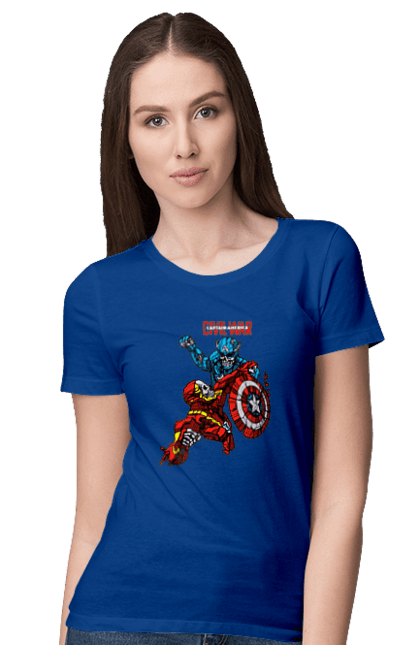 Футболка женская с принтом Железный человек vs Капитан Америка. Captain america, civil war, iron man, marvel, marvel comics, железный человек, капитан америка, марвел, мстители, тони старк. 2070702