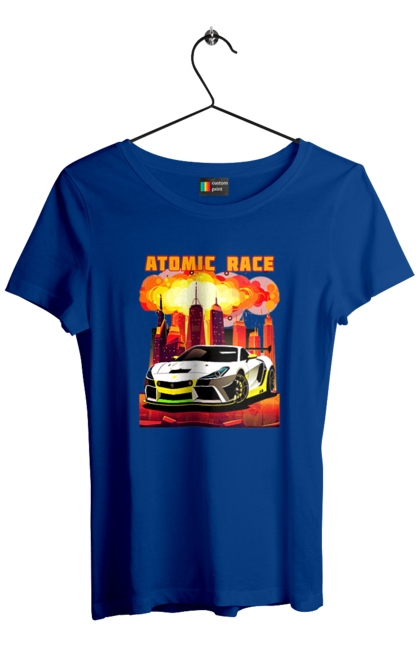 Футболка жіноча з принтом "Атомна гонка". Авто, автомобіль, атомні перегони, гонки, гоночні машини, спортивна машина, спорткар. 2070702