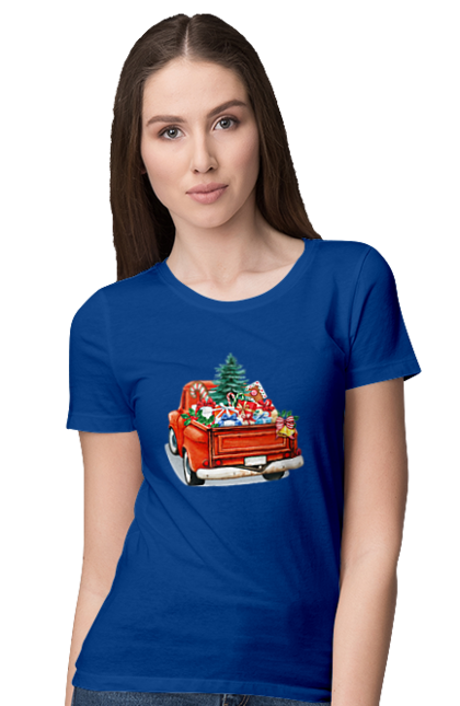 Women`s t-shirt with prints Car with gifts. Car, christmas, new year, presents, santa, tree. 2070702