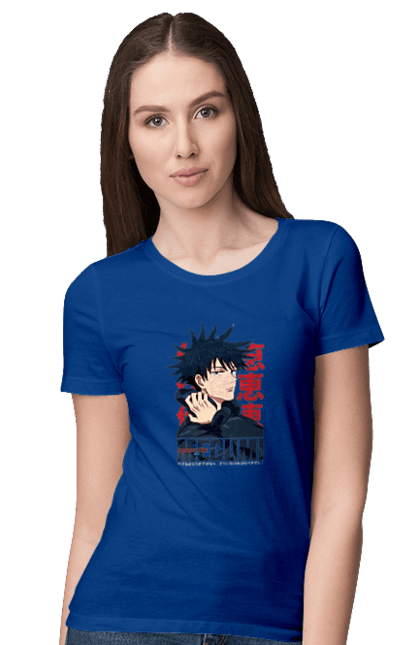 Women's t-shirt with prints Jujutsu Kaisen Megumi. Anime, dark fantasy, fushiguro, fushiguro megumi, jujutsu kaisen, magic battle, manga, megumi, mystic. 2070702