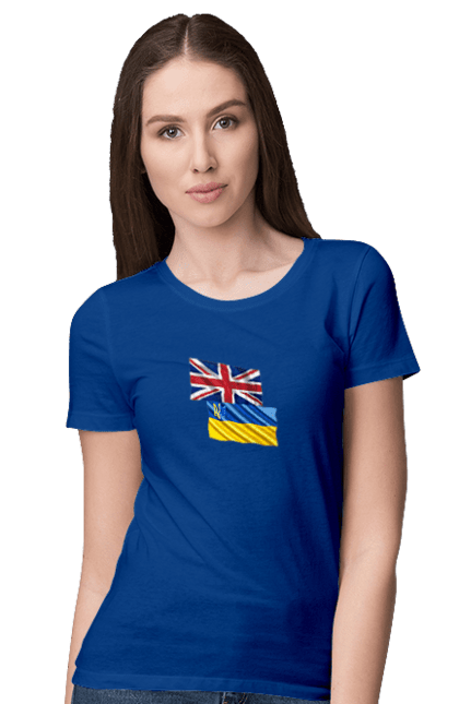 Women`s t-shirt with prints Flag United Kingdom, Flag Ukraine, Support Ukraine. Flag united, flag united kingdom, global peace, great britain, kiev, national colors, national team, peace for ukraine, proud grandpa, support ukraine, ukraine, ukraine flag, ukraine war, united kingdom, war, zelensky. 2070702