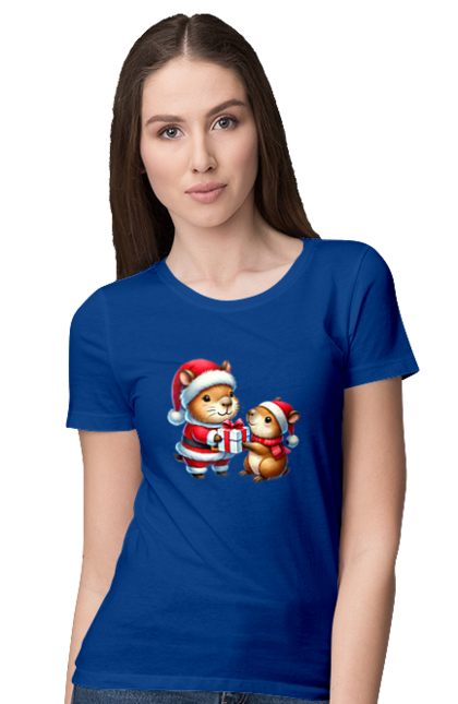 Women's t-shirt with prints Christmas Capybara with a Gift. Animal, capybara, christmas, christmas capybara, gift, holiday, new year, new year`s gift, santa. 2070702