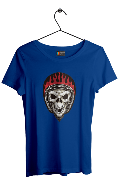 Women`s t-shirt with prints Skull in a motorcycle helmet. Helmet, moto, skeleton, skull. 2070702