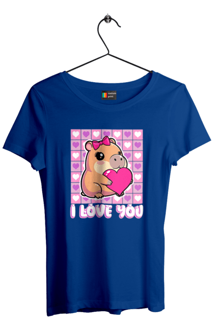 Футболка жіноча з принтом "Закохана капібара". I love you, валентинка, день святого валентина, капибара, кохання, милі тварини, пара капібар, романтика, романтичний подарунок, серця. 2070702