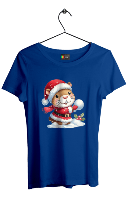 Women's t-shirt with prints Capybara playing snowballs. Animal, capybara, christmas, christmas capybara, game, gift, holiday, new year, santa, snowballs. 2070702