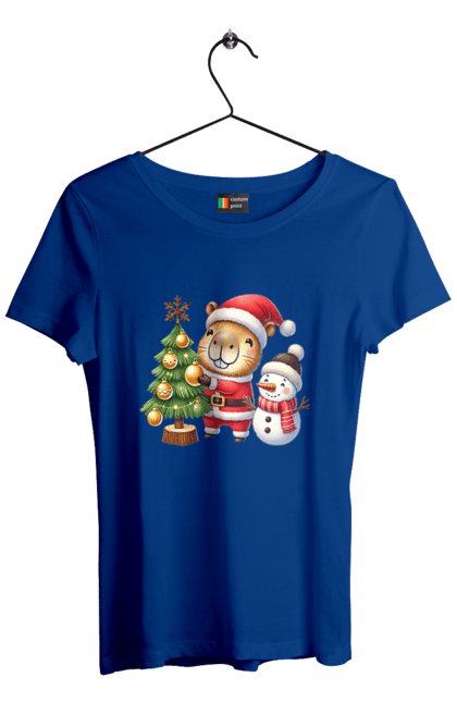 Women's t-shirt with prints Christmas Capybara with a Tree. Animal, capybara, christmas, christmas capybara, christmas tree, gift, holiday, new year, new year`s gift, santa. 2070702