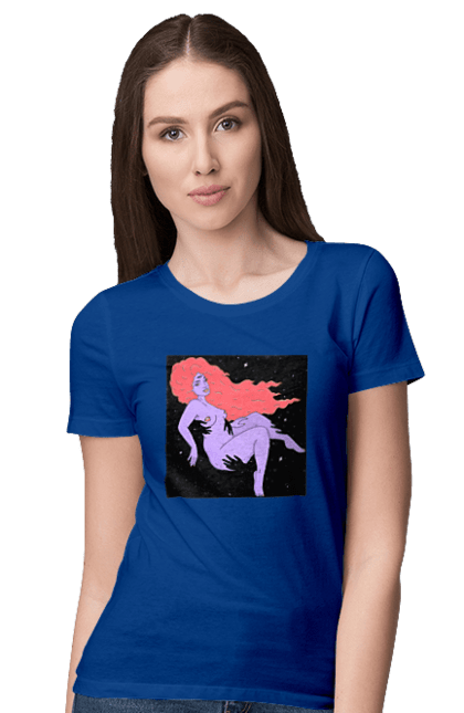 Women`s t-shirt with prints Purple Girl In Black Dire. Girl, paw. 2070702