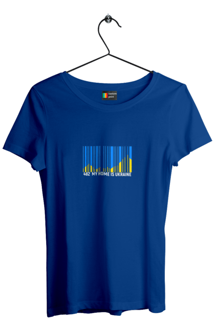 Women`s t-shirt with prints My home is Ukraine. Bar code, blue sky, home, mountains, my country, my house, state mark, ukraine. 2070702