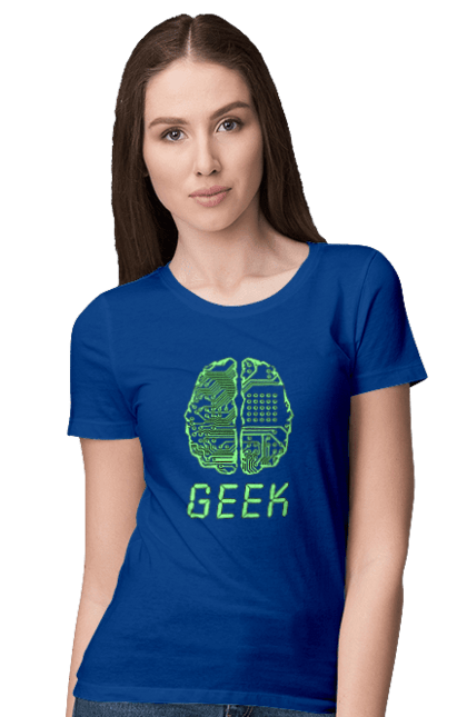 Women`s t-shirt with prints Geek Brain Neon. Brain, chip, code, comp, crystal, cyber, cybernetics, cyborg, engineer, geek, green, it, it specialist, knowledge, light, luminous, mind, neon, printed circuit board, professional. 2070702
