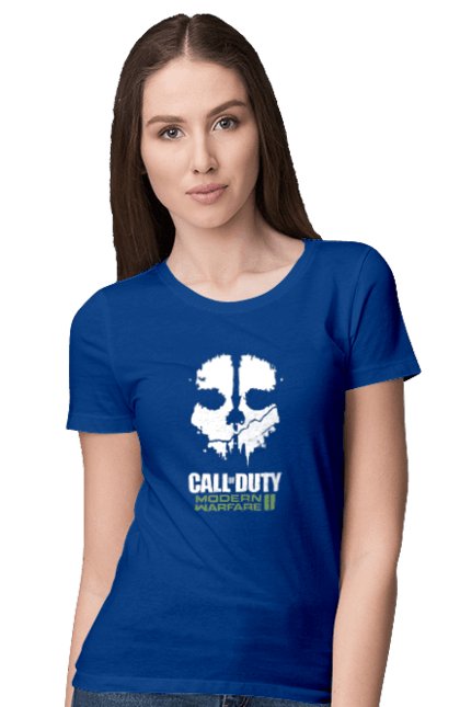 Футболка жіноча з принтом "Call of Duty Modern Warfare II". Call of duty, modern warfare, playstation, бої, бойовик, відеогра, гра, пригоди, спецоперації. ART принт на футболках