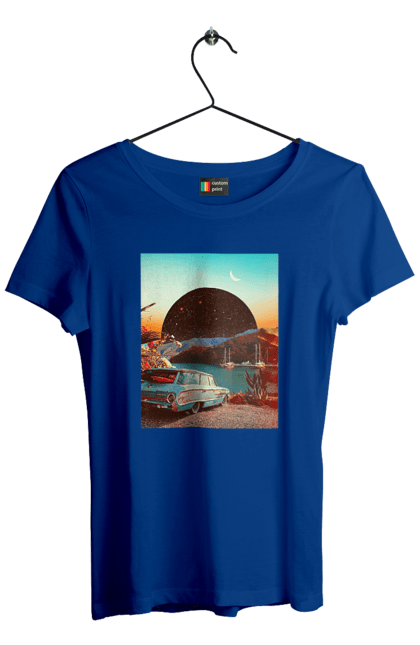 Футболка жіноча з принтом "Картина, машина біля річки". Картина, машина, планета, прикол, ретро, річка. 2070702