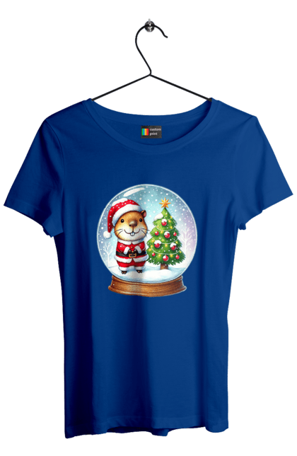 Women's t-shirt with prints Christmas Capybara with a Tree. Animal, capybara, christmas, christmas capybara, christmas tree, gift, holiday, new year, new year`s gift, santa. 2070702