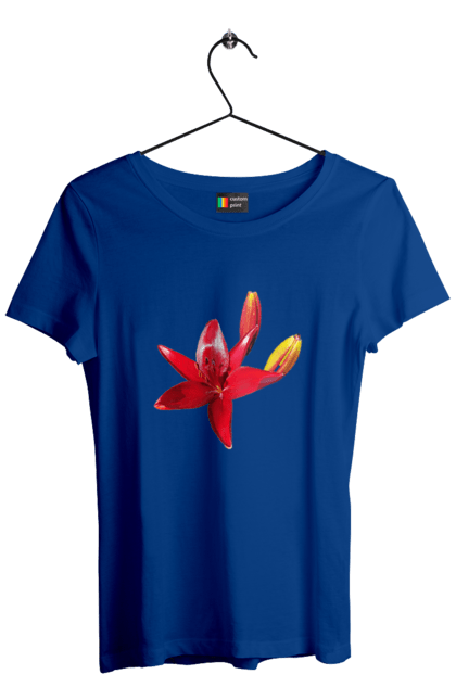 Women`s t-shirt with prints Red lily. Bright, bud, buds, color, flower, lily, nature, red, red flower, red lily, sunny. 2070702