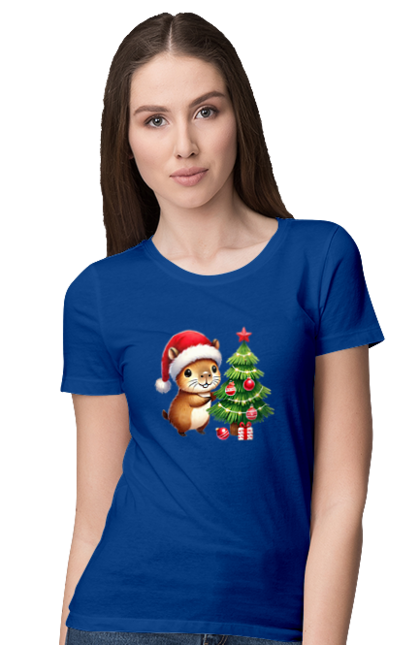 Women's t-shirt with prints Christmas Capybara with a Tree. Animal, capybara, christmas, christmas capybara, christmas tree, gift, holiday, new year, new year`s gift, santa. 2070702