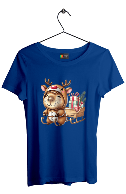 Women's t-shirt with prints Christmas Capybara with a Gift. Animal, capybara, christmas, christmas capybara, gift, holiday, new year, new year`s gift, santa. 2070702