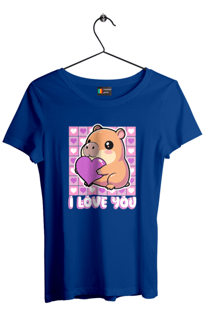 Футболка жіноча з принтом "Закохана капібара". I love you, валентинка, день святого валентина, капибара, кохання, милі тварини, пара капібар, романтика, романтичний подарунок, серця. 2070702