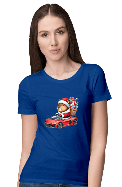 Women's t-shirt with prints Christmas Capybara with a Gift. Animal, capybara, car, christmas, christmas capybara, gift, holiday, new year, new year`s gift, santa. 2070702