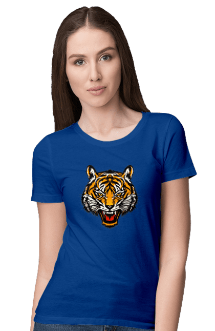 Футболка жіноча з принтом "Голова жовтого тигра". Голова тигра, джунглі, жовтий тигр, тварини, тигр. CustomPrint.market