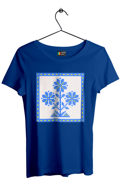 Футболка жіноча з принтом "Жовто блакитна вишивка квіти". Вишивка, вишивка хрестиком, квіти, символ україни, традиції україни, україна. 2070702