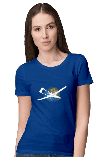 Women`s t-shirt with prints Bayraktar. Aquarelle, bayraktar, glory, sky, ukraine. 2070702