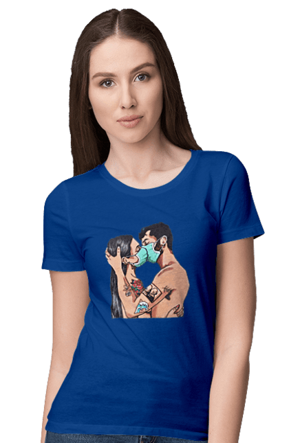 Women`s t-shirt with prints Coronavirus Love. Coronavirus, kiss, love, mask, quarantine. 2070702