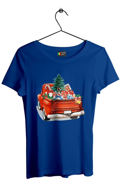 Women`s t-shirt with prints Car with gifts. Car, christmas, new year, presents, santa, tree. 2070702