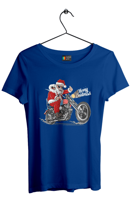 Футболка женская с принтом Санта в очках на мотоцикле. Байкер, дед мороз, зима, мотоцикл, новый год, рождество, санта, санта клаус, снег, счастливого рождества. 2070702