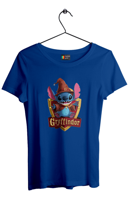 Футболка женская с принтом Стич Гриффиндор. Gryffindor, harry potter, hogwarts, stich, гарри поттер, гриффиндор, стич, факультет, франшиза, хогвартс. 2070702