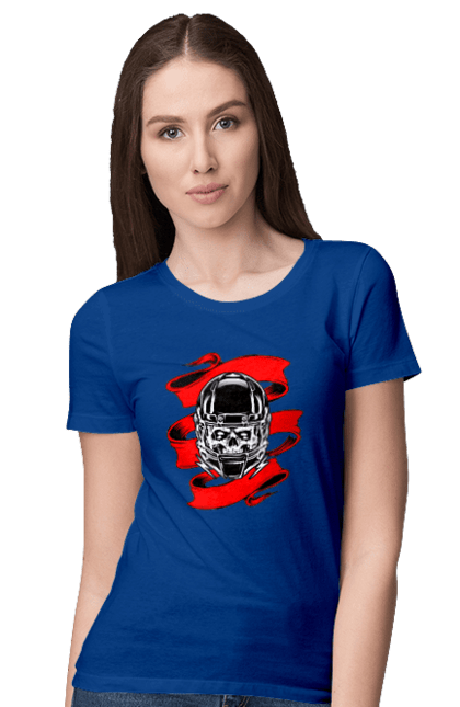 Women`s t-shirt with prints Skull in a motorcycle helmet. Helmet, moto, skull, tape. 2070702