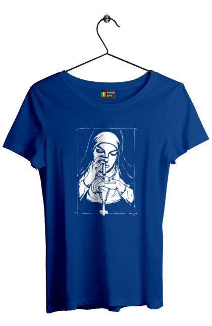 Women`s t-shirt with prints The nun sniffs the powder. Cool, cross, fashionable, nun, popular. 2070702