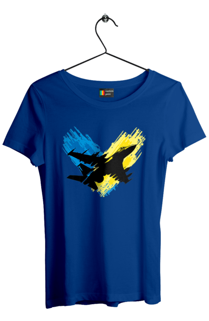 Футболка жіноча з принтом "Літак F 16". З прапором, зсу, літак, літак f16, патріотична, прапор, ф16. 2070702