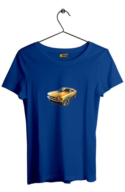 Футболка жіноча з принтом "Форд мустанг". Американська легенда, жовтий мустанг, культове авто, мустанг, потужне авто, форд мустанг, шелбі. 2070702