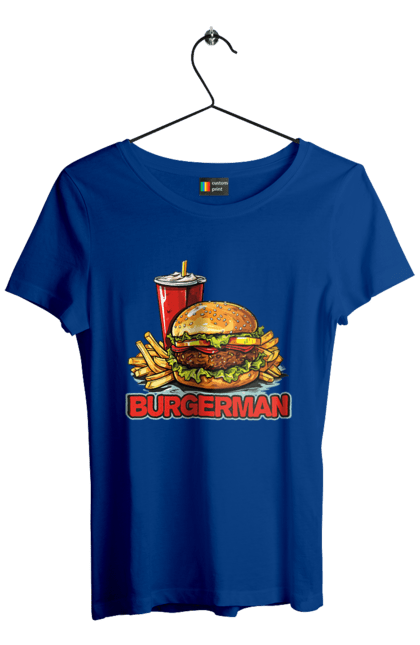 Футболка жіноча з принтом "Burgerman". Бургер, для чоловіків, їжа, літні, макдональдс, прикольні, трендові, фаст фуд, чоловічі. 2070702