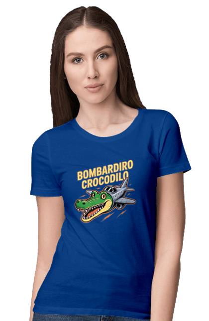 Футболка жіноча з принтом "Bombardino Crocodilo". Bombardino, bombardino crocodilo, crocodilo, бомбардиро крокодило, бомбардіно крокоділо, крокодил, крокодил літак, крокодил мем, мем бомбардине крокодило, меми. 2070702