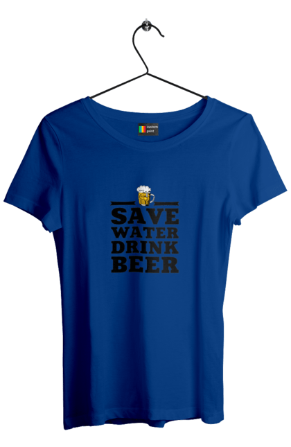 Футболка жіноча з принтом "Бережи воду, пий пиво (чорна)". 18+, алкоголь, бар, гумор, любителям писа, меми, пиво, приколи, текст, чоловікам. 2070702