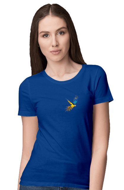 Women`s t-shirt with prints The parrot is Ukrainian. Birdie, exotic, parrot, patriot, symbolics, ukraine. 2070702