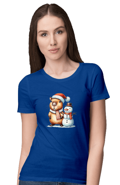 Women's t-shirt with prints Capybara and Snowman. Animal, capybara, christmas, christmas capybara, gift, holiday, new year, new year`s gift, santa, snowman. 2070702