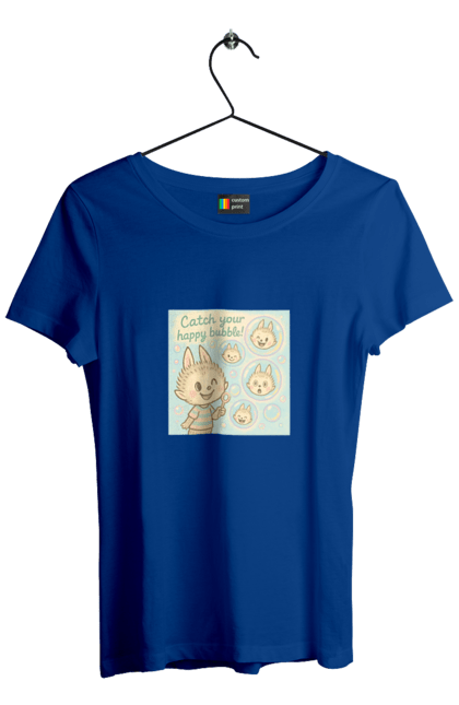 Футболка жіноча з принтом "Лабубу". Бульбашки, грайливо, каваї, казково, лабубу, милаілюстрація, ніжнікольори, пастельнамистецтво, щасливі бульбашки. 2070702