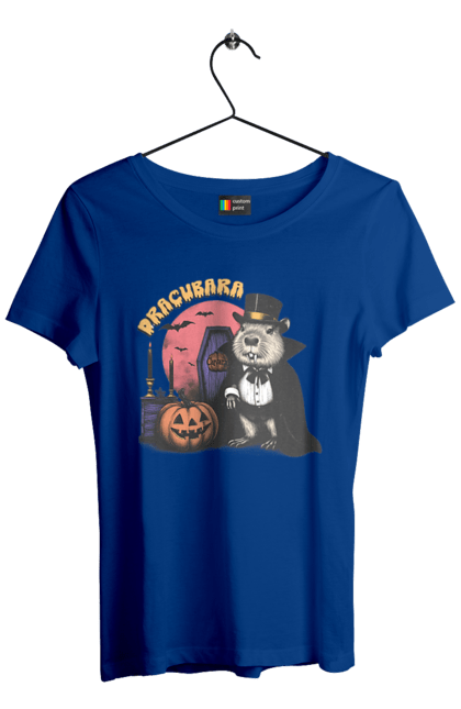 Футболка женская с принтом Капибара Хэллоуин. Capybara, halloween, вампир, водосвинка, грызун, животное, капибара, праздник, тыква, хэллоуин. 2070702