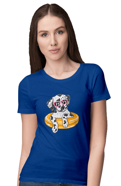 Women`s t-shirt with prints Dalmatian Swims In A Circle. Dalmatian, dog, glasses, to swim. 2070702