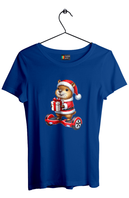 Women's t-shirt with prints Christmas Capybara with a Gift. Animal, capybara, christmas, christmas capybara, gift, holiday, new year, new year`s gift, santa. 2070702