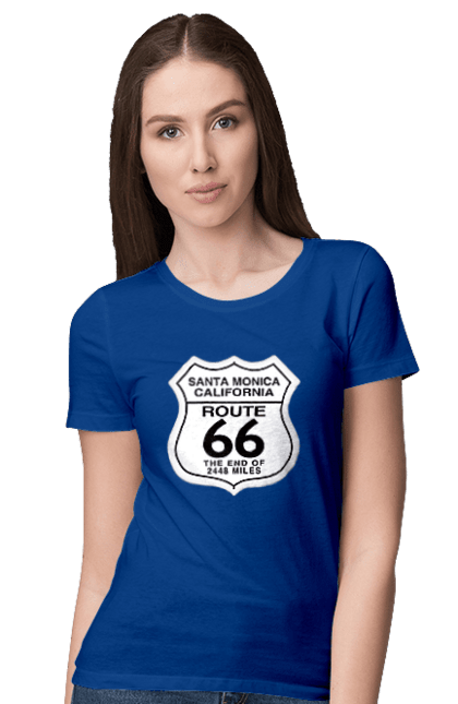 Women`s t-shirt with prints Route 66. Bike, biker, biker club, bikers club, brother, brutal, dude, hot asphalt, hot horse, hot rod, motorcycle, motorcyclist, real man, road 50, road 66, road 80, roads of america, roads of ukraine, roads we choose, speed, take, thirst for speed. 2070702