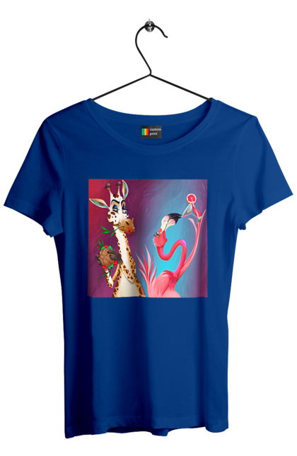 Футболка жіноча з принтом "Жираф І Фламінго На Вечірці". Жираф, їжа, коктейль, фламінго. 2070702