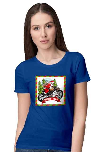 Футболка жіноча з принтом "Санта на мотоциклі". Мотоцикл, новий рік, подарунки, різдво, санта, сніговик, ялинка. 2070702